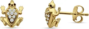 Solid 14K Gold 7mm Natural Round Diamond Frog Shape Dainty Cute Animal Lover Jewelry Push Back Stud Earrings