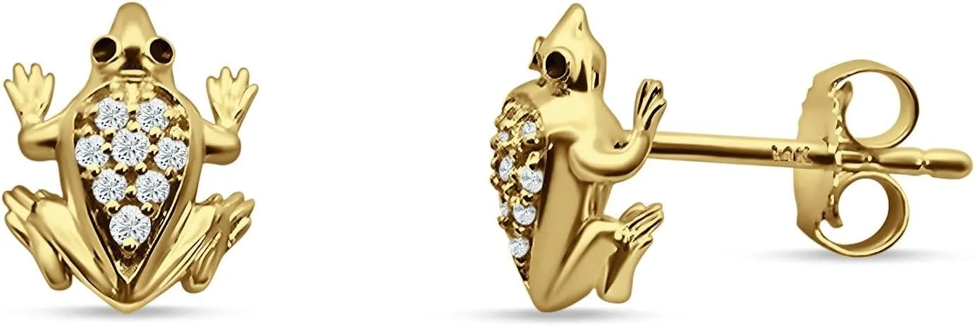 Solid 14K Gold 7mm Natural Round Diamond Frog Shape Dainty Cute Animal Lover Jewelry Push Back Stud Earrings