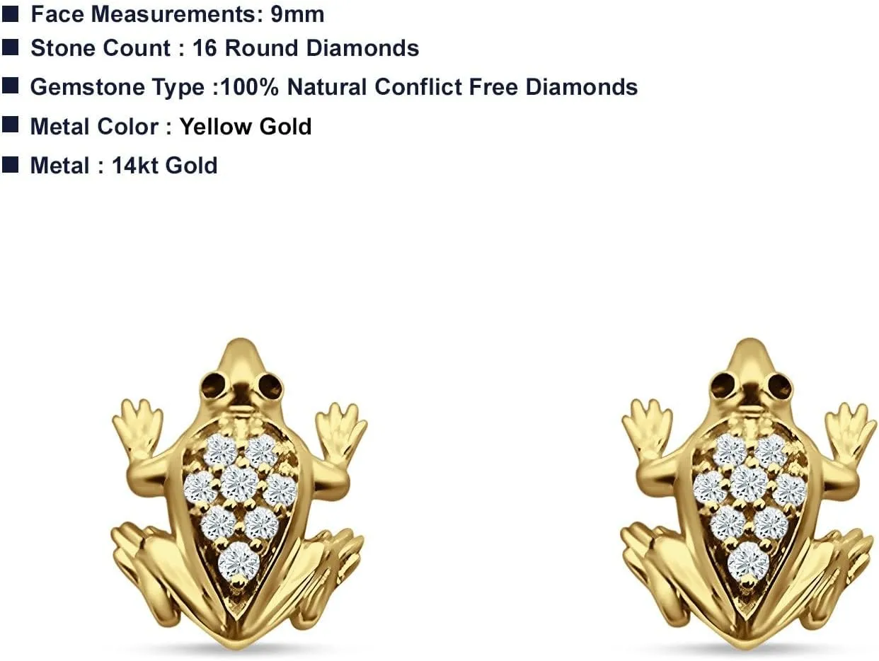 Solid 14K Gold 7mm Natural Round Diamond Frog Shape Dainty Cute Animal Lover Jewelry Push Back Stud Earrings