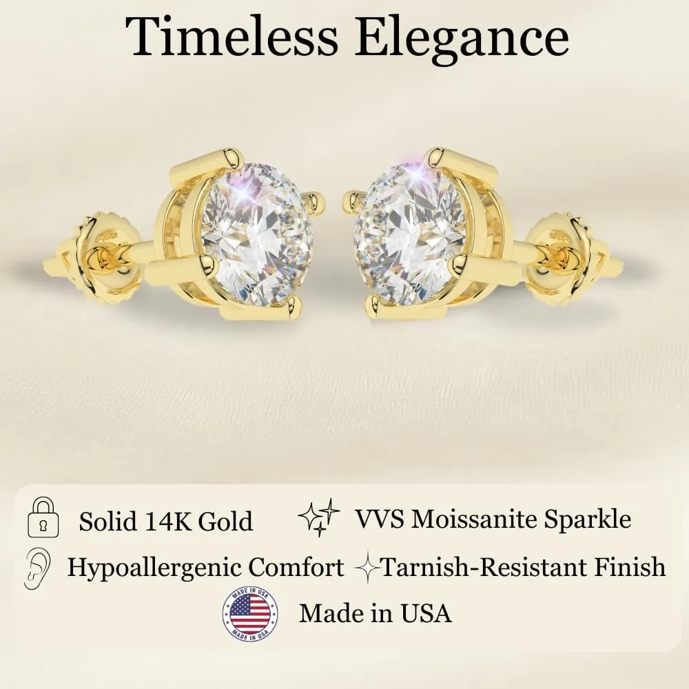 Solid 14K White Yellow Gold Moissanite Round Cut Solitaire Stud Earrings for Women | 0.50 to 2.0 CTW| Screw Back or Push Back Posts | Made in USA