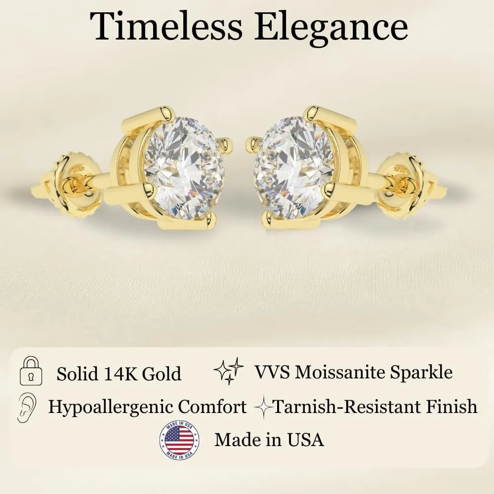 Solid 14K White Yellow Gold Moissanite Round Cut Solitaire Stud Earrings for Women | 0.50 to 2.0 CTW| Screw Back or Push Back Posts | Made in USA