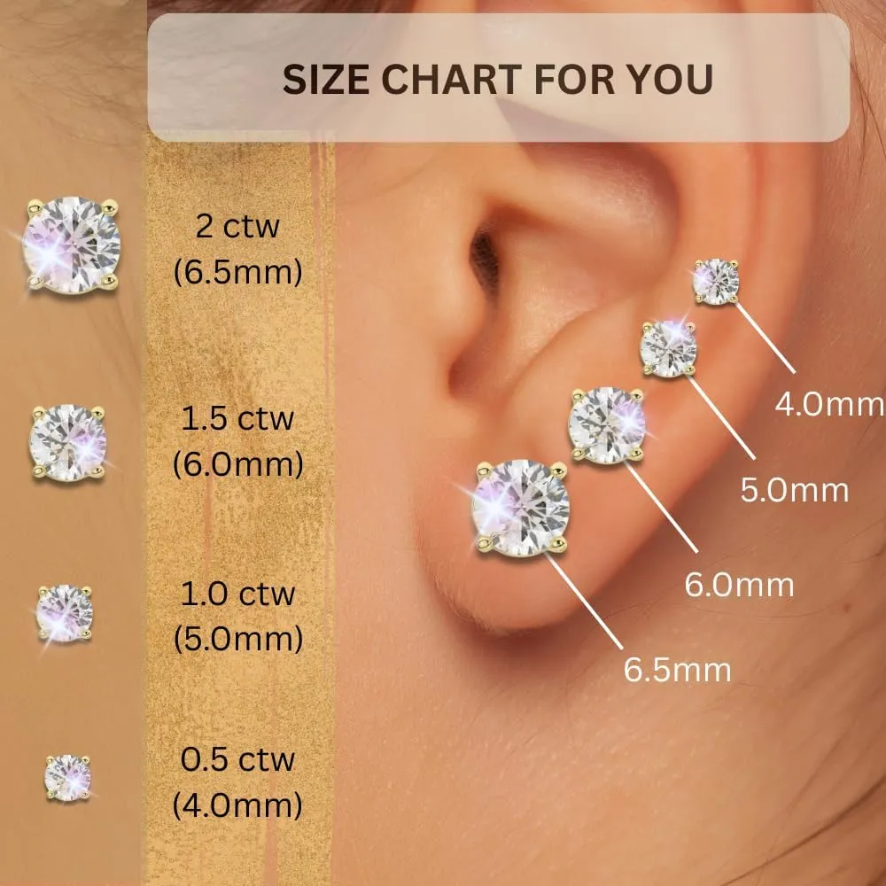 Solid 14K White Yellow Gold Moissanite Round Cut Solitaire Stud Earrings for Women | 0.50 to 2.0 CTW| Screw Back or Push Back Posts | Made in USA