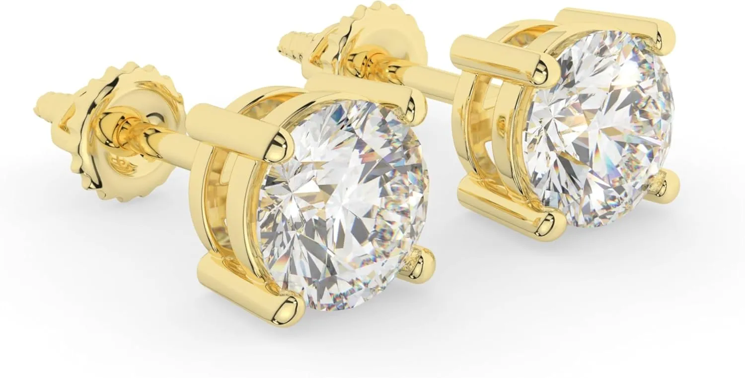 Solid 14K White Yellow Gold Moissanite Round Cut Solitaire Stud Earrings for Women | 0.50 to 2.0 CTW| Screw Back or Push Back Posts | Made in USA