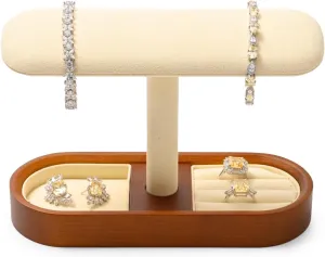Solid Wood T-Bar Watch Display Stand for Women Men Jewelry Display Props Jewelry Organizer Holder for Watch Bracelet Rings Cufflinks(Beige)