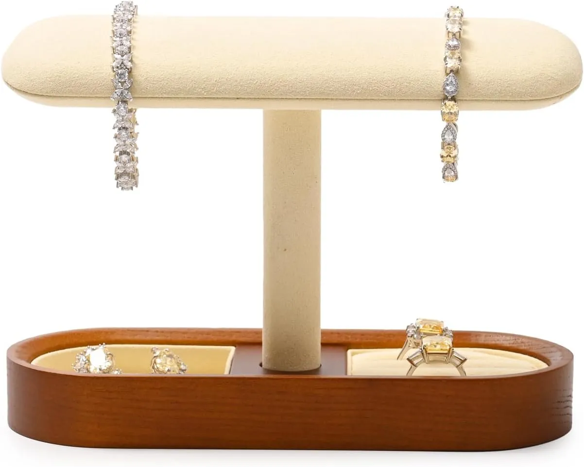 Solid Wood T-Bar Watch Display Stand for Women Men Jewelry Display Props Jewelry Organizer Holder for Watch Bracelet Rings Cufflinks(Beige)