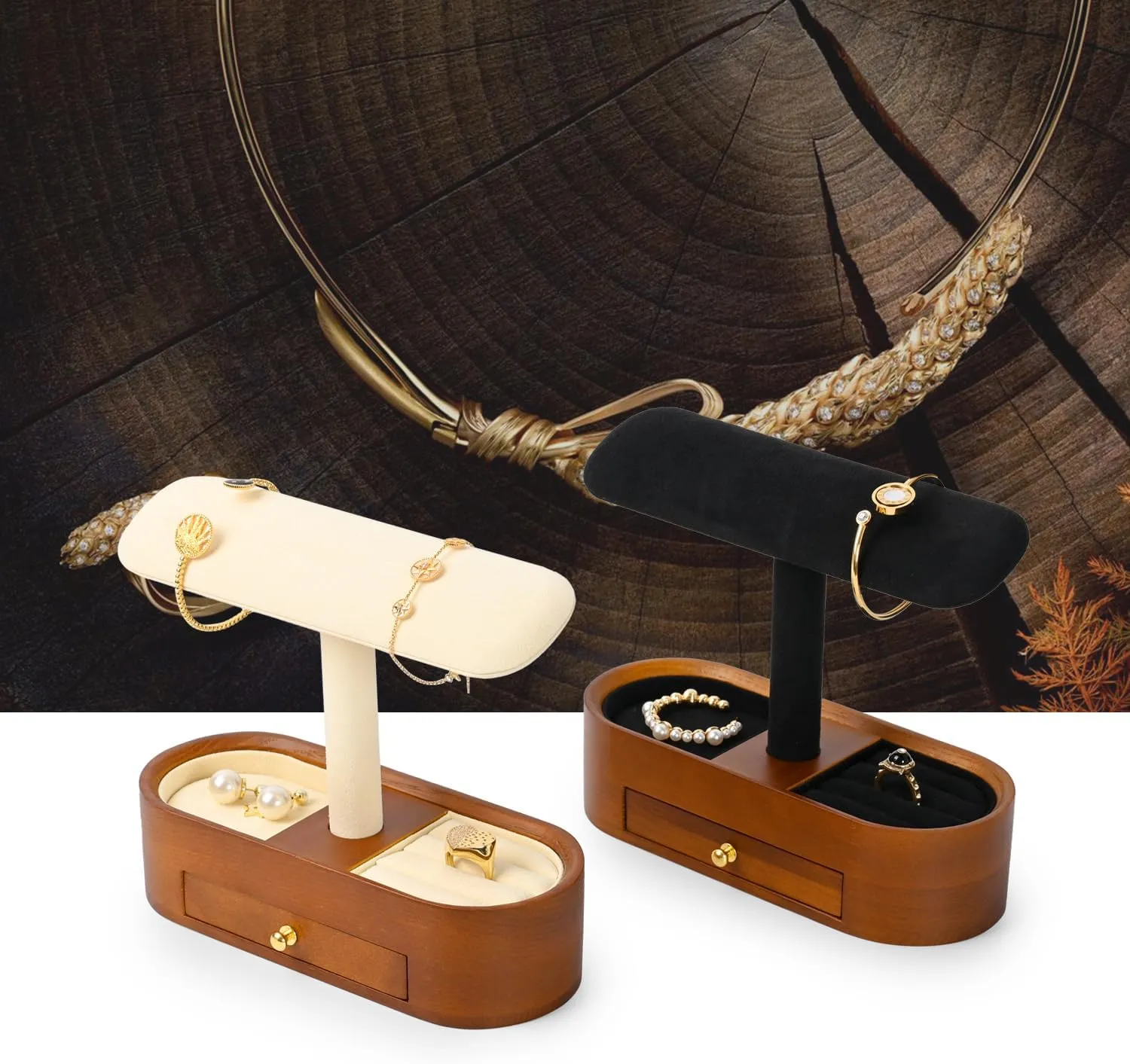 Solid Wood T-Bar Watch Display Stand for Women Men Jewelry Display Props Jewelry Organizer Holder for Watch Bracelet Rings Cufflinks(Beige)
