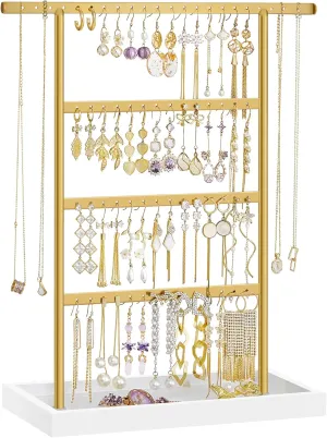 SONGMICS Jewelry Organizer, 4-Tier Earring Holder Organizer Stand with Base Tray, for Studs and Necklaces, Vintage, White and Gold Color UJJS019A01
