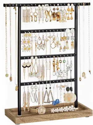 SONGMICS Jewelry Organizer, 4-Tier Earring Holder Organizer Stand with Base Tray, for Studs and Necklaces, Vintage, Wood Color and Black UJJS019B01