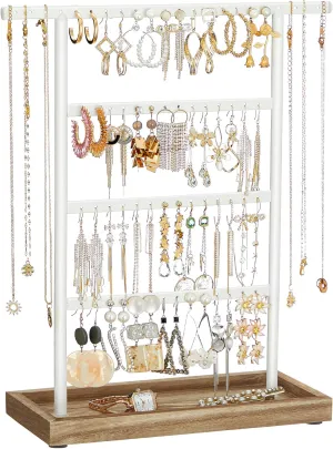 SONGMICS Jewelry Organizer, 4-Tier Earring Holder Organizer Stand with Base Tray, for Studs and Necklaces, Vintage, Wood Color and White UJJS019W01