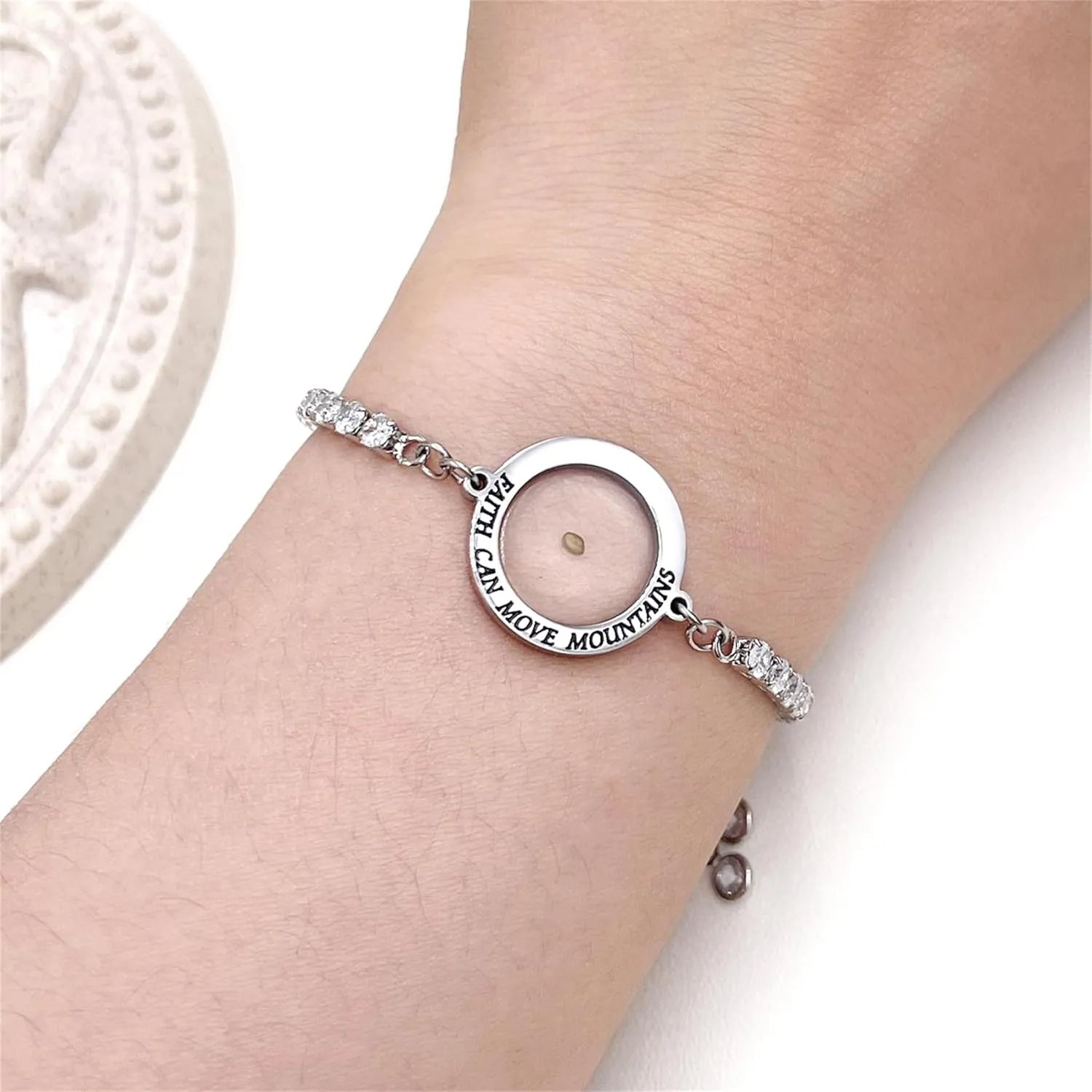 Sparkling Cubic Zirconia Tennis Bracelet Engraved with Faith Can Move Mountains, Mustard Seed Religious Jewelry, Christian Inspirational Jewelry for Men and Women