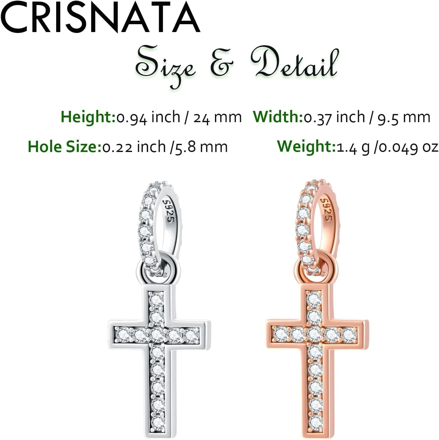 Sparkling Latin Cross Pendant Charms fits European Necklace Bracelet, 925 Sterling Silver Christian/Religious Beads, Gifts for Christmas/Easter/Mothers Day/Grandma