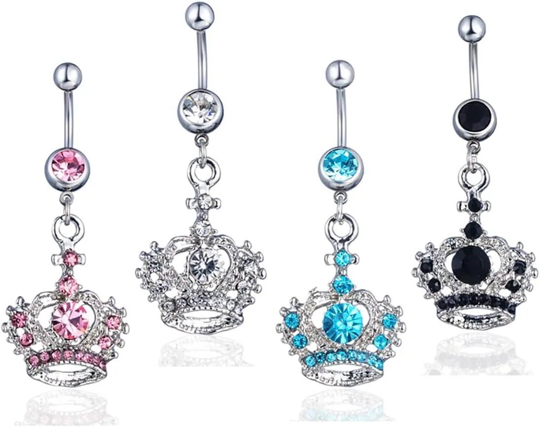 Sparkling Rhinestone Crown Belly Button Ring Elegant Crystal Dangle Button Ring Jewelry for Women Hypoallergenic Body Piercing Accessories