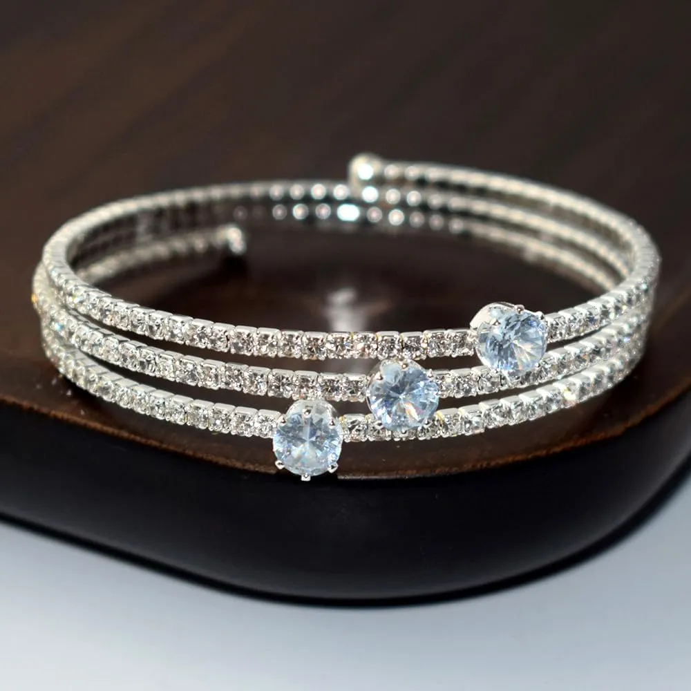 Sparkling Rhinestone Layered Cuff Bracelet 3 Rows Crystal Bangl Strands Wrap Bracelet Bridal Wedding Prom Party Accessories for Women Girls