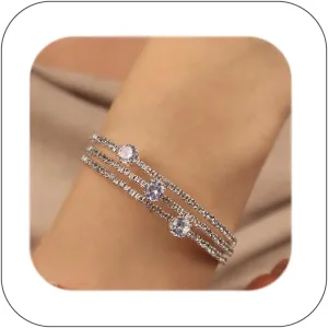 Sparkling Rhinestone Layered Cuff Bracelet 3 Rows Crystal Bangl Strands Wrap Bracelet Bridal Wedding Prom Party Accessories for Women Girls