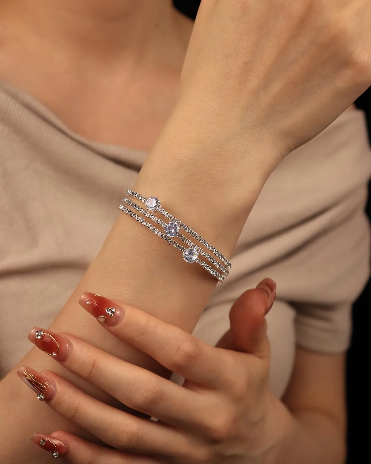 Sparkling Rhinestone Layered Cuff Bracelet 3 Rows Crystal Bangl Strands Wrap Bracelet Bridal Wedding Prom Party Accessories for Women Girls