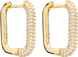 Square Hoop Earrings with Pave Cz Stones for Women - Dainty Hoops - 925 Sterlings silver 18k gold plated