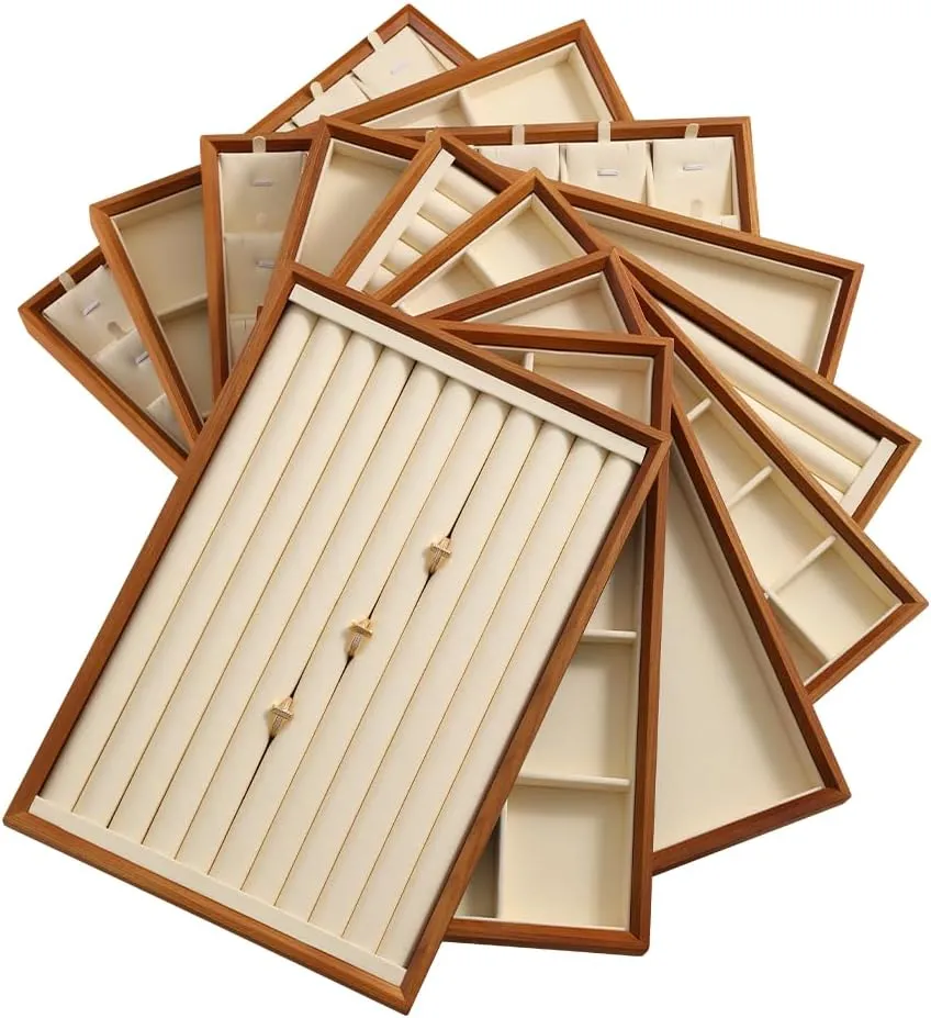 Stackable Wooden Ring Earring Bracelet Necklace Display Flat Tray, Velvet Lined Jewelry Accessories Storage Plate, Drawer Insert Divider Jewellery Organizer (Beige, Flat Tray)