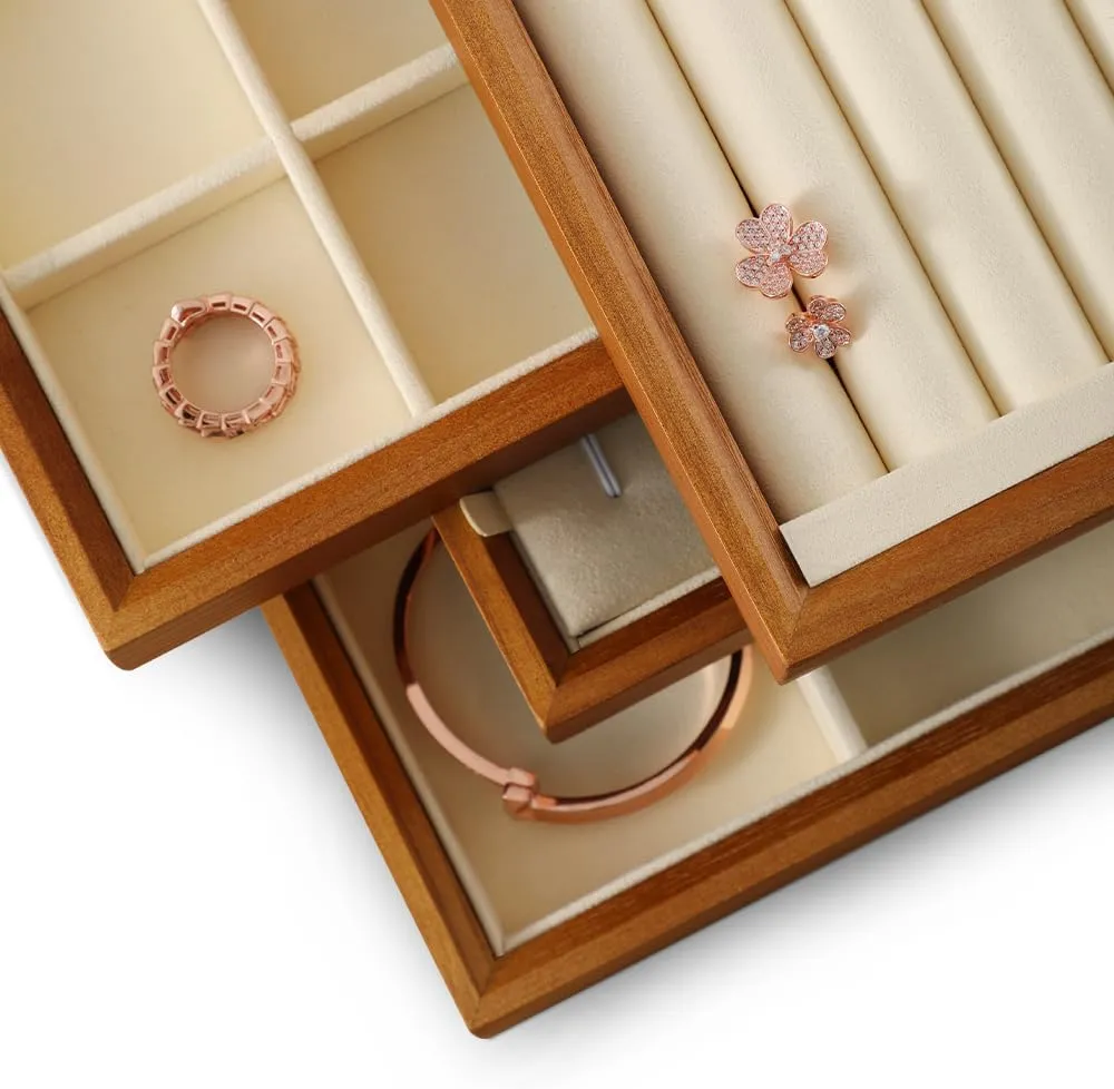 Stackable Wooden Ring Earring Bracelet Necklace Display Flat Tray, Velvet Lined Jewelry Accessories Storage Plate, Drawer Insert Divider Jewellery Organizer (Beige, Flat Tray)