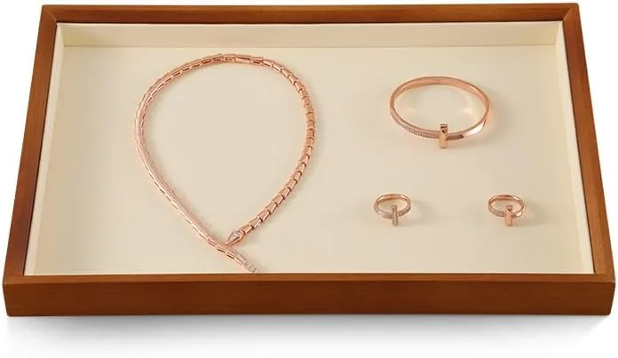 Stackable Wooden Ring Earring Bracelet Necklace Display Flat Tray, Velvet Lined Jewelry Accessories Storage Plate, Drawer Insert Divider Jewellery Organizer (Beige, Flat Tray)