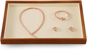 Stackable Wooden Ring Earring Bracelet Necklace Display Flat Tray, Velvet Lined Jewelry Accessories Storage Plate, Drawer Insert Divider Jewellery Organizer (Beige, Flat Tray)
