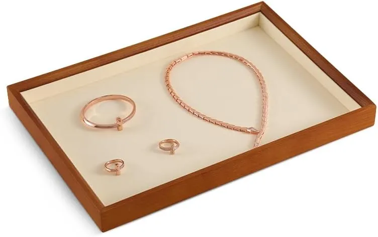 Stackable Wooden Ring Earring Bracelet Necklace Display Flat Tray, Velvet Lined Jewelry Accessories Storage Plate, Drawer Insert Divider Jewellery Organizer (Beige, Flat Tray)