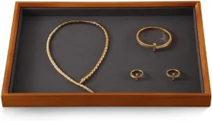 Stackable Wooden Ring Earring Bracelet Necklace Display Flat Tray, Velvet Lined Jewelry Accessories Storage Plate, Drawer Insert Divider Jewellery Organizer (Grey, Flat Tray)