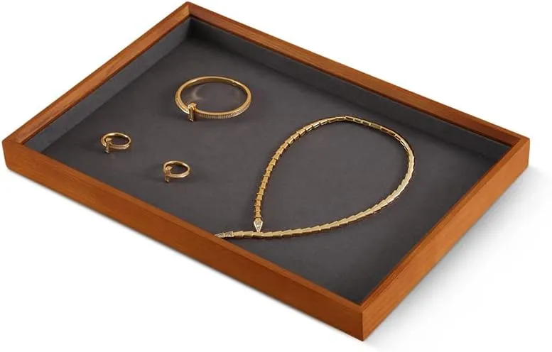 Stackable Wooden Ring Earring Bracelet Necklace Display Flat Tray, Velvet Lined Jewelry Accessories Storage Plate, Drawer Insert Divider Jewellery Organizer (Grey, Flat Tray)