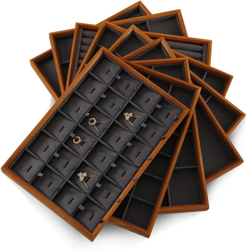Stackable Wooden Ring Earring Bracelet Necklace Display Flat Tray, Velvet Lined Jewelry Accessories Storage Plate, Drawer Insert Divider Jewellery Organizer (Grey, Flat Tray)