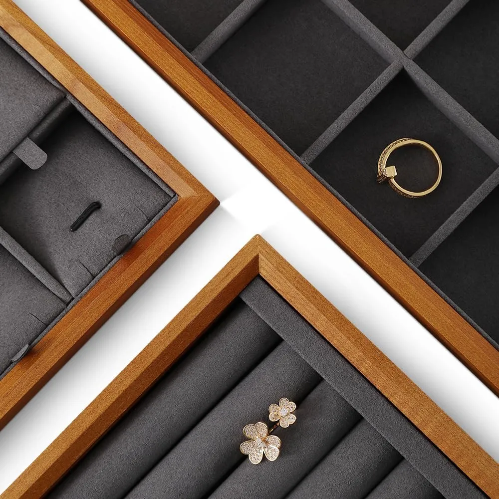 Stackable Wooden Ring Earring Bracelet Necklace Display Flat Tray, Velvet Lined Jewelry Accessories Storage Plate, Drawer Insert Divider Jewellery Organizer (Grey, Flat Tray)