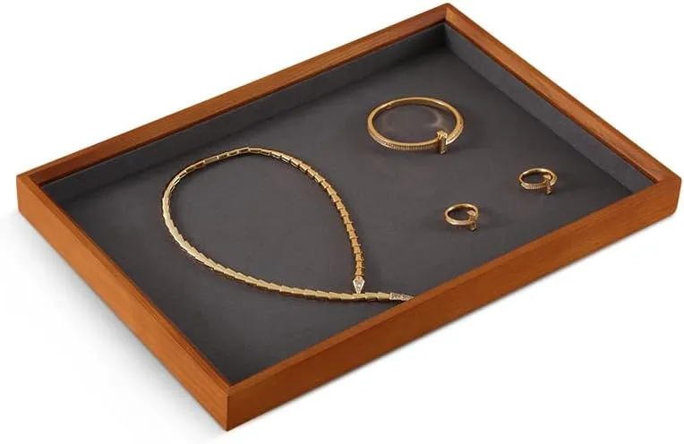 Stackable Wooden Ring Earring Bracelet Necklace Display Flat Tray, Velvet Lined Jewelry Accessories Storage Plate, Drawer Insert Divider Jewellery Organizer (Grey, Flat Tray)