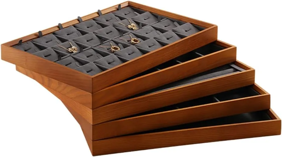 Stackable Wooden Ring Earring Bracelet Necklace Display Flat Tray, Velvet Lined Jewelry Accessories Storage Plate, Drawer Insert Divider Jewellery Organizer (Grey, Flat Tray)