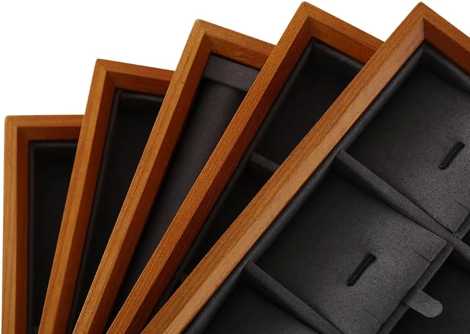 Stackable Wooden Ring Earring Bracelet Necklace Display Flat Tray, Velvet Lined Jewelry Accessories Storage Plate, Drawer Insert Divider Jewellery Organizer (Grey, Flat Tray)