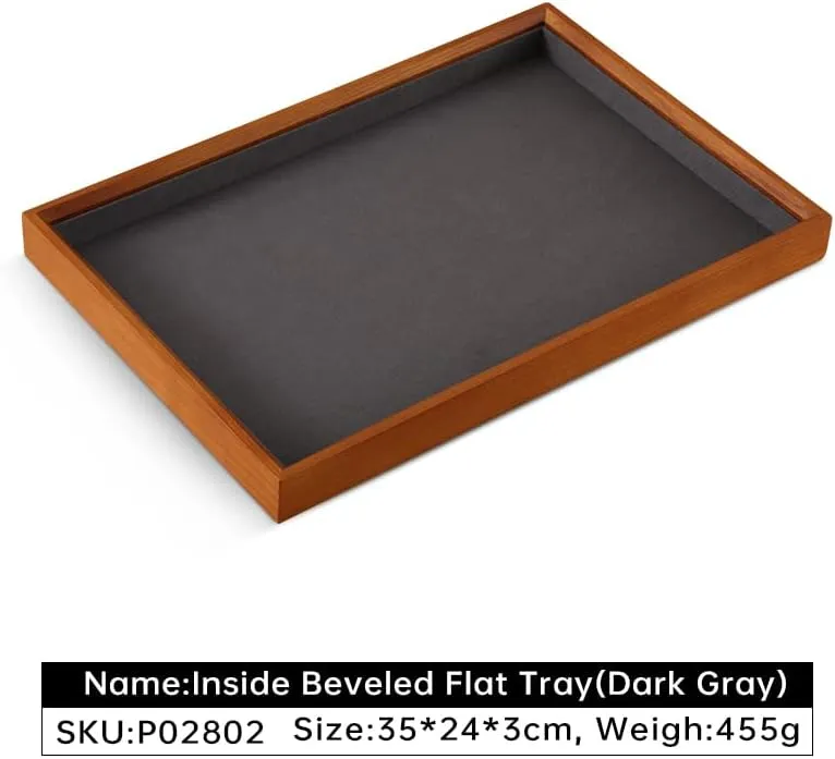 Stackable Wooden Ring Earring Bracelet Necklace Display Flat Tray, Velvet Lined Jewelry Accessories Storage Plate, Drawer Insert Divider Jewellery Organizer (Grey, Flat Tray)