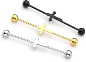 Stainless Steel Cross Industrial Barbell Cartilage Earring Body Piercing Jewelry Surgical Steel Sideways Cross Industrial Piercing Barbell for Women Men, black/gold/silver
