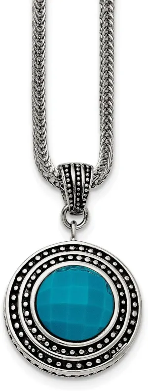 Stainless Steel Imitation Turquoise Antiqued 2 Inch Ext. Necklace 24x24mm 18 Inches