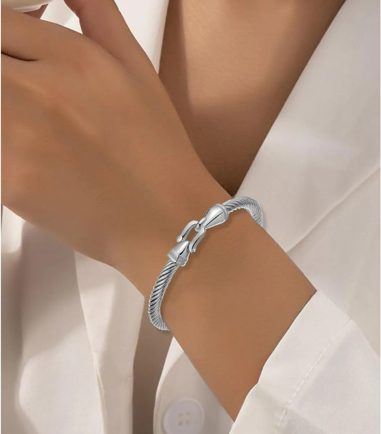 Stainless Steel Twisted Cable Wire Bracelets with Hook Adjustable Cuff Bangle Bracelet Vintage Jewelry Gift for Women