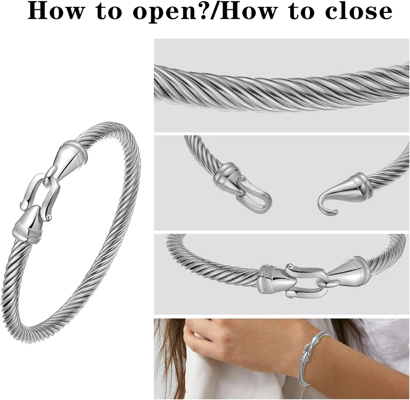 Stainless Steel Twisted Cable Wire Bracelets with Hook Adjustable Cuff Bangle Bracelet Vintage Jewelry Gift for Women