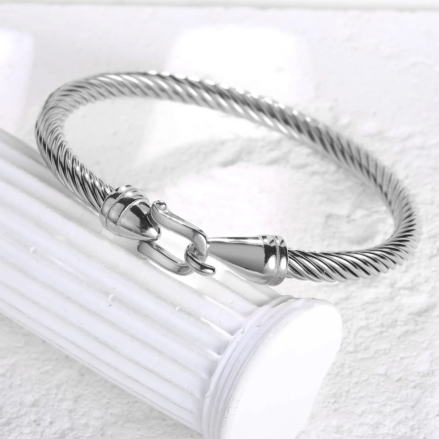 Stainless Steel Twisted Cable Wire Bracelets with Hook Adjustable Cuff Bangle Bracelet Vintage Jewelry Gift for Women