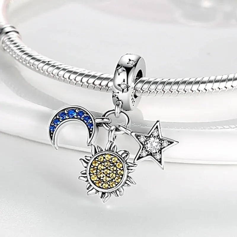 Star Moon Sun Charms Fit Bracelets 925 Silver Zircon Sparkling Starry Sky Beads Glow in the dark Charm Jewelry SSS-1401