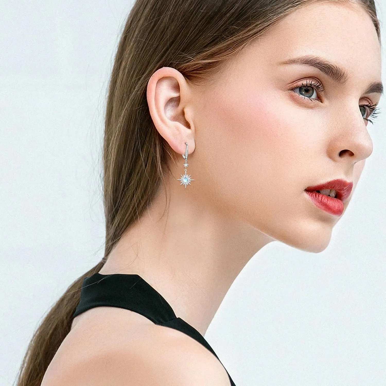 Starburst Earrings S925 Sterling Silver Star Earrings Moonstone Opal Gold Plated Leverback Dangle Earring Star Moonstone Opal Jewelry Valentines Earrings for Women