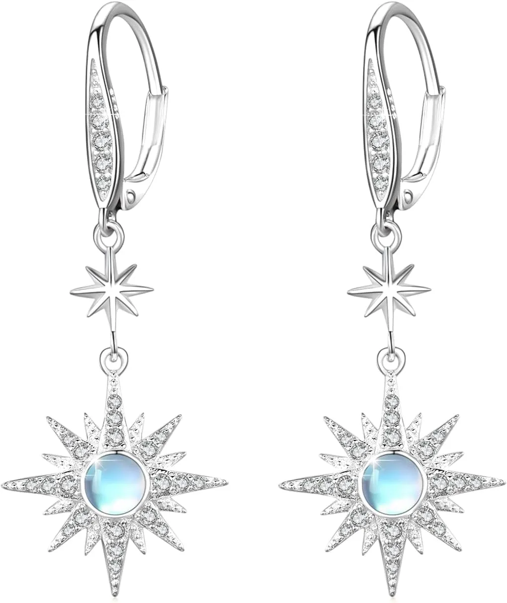 Starburst Earrings S925 Sterling Silver Star Earrings Moonstone Opal Gold Plated Leverback Dangle Earring Star Moonstone Opal Jewelry Valentines Earrings for Women