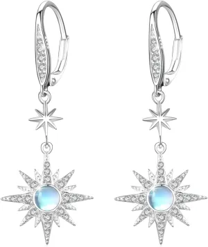 Starburst Earrings S925 Sterling Silver Star Earrings Moonstone Opal Gold Plated Leverback Dangle Earring Star Moonstone Opal Jewelry Valentines Earrings for Women