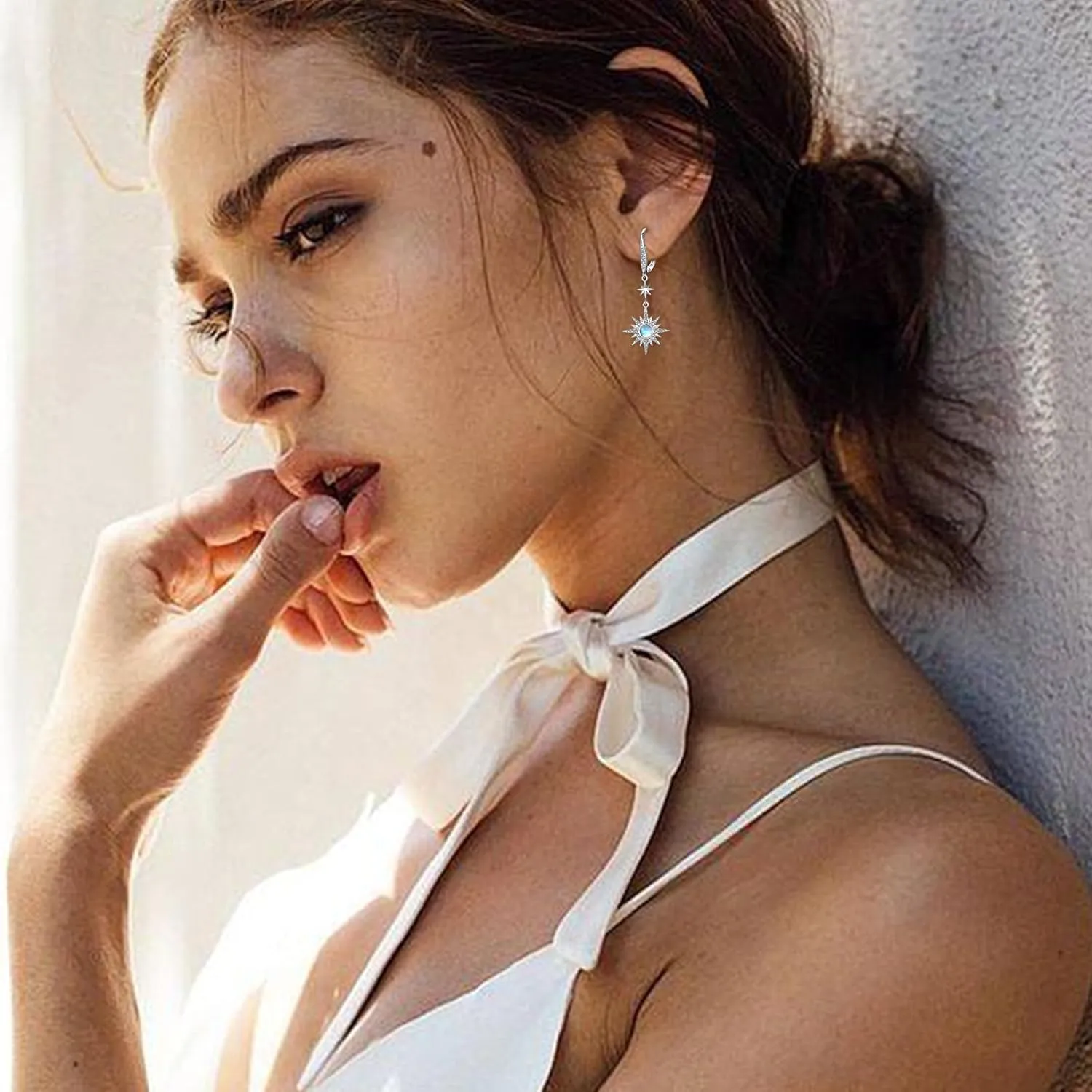Starburst Earrings S925 Sterling Silver Star Earrings Moonstone Opal Gold Plated Leverback Dangle Earring Star Moonstone Opal Jewelry Valentines Earrings for Women