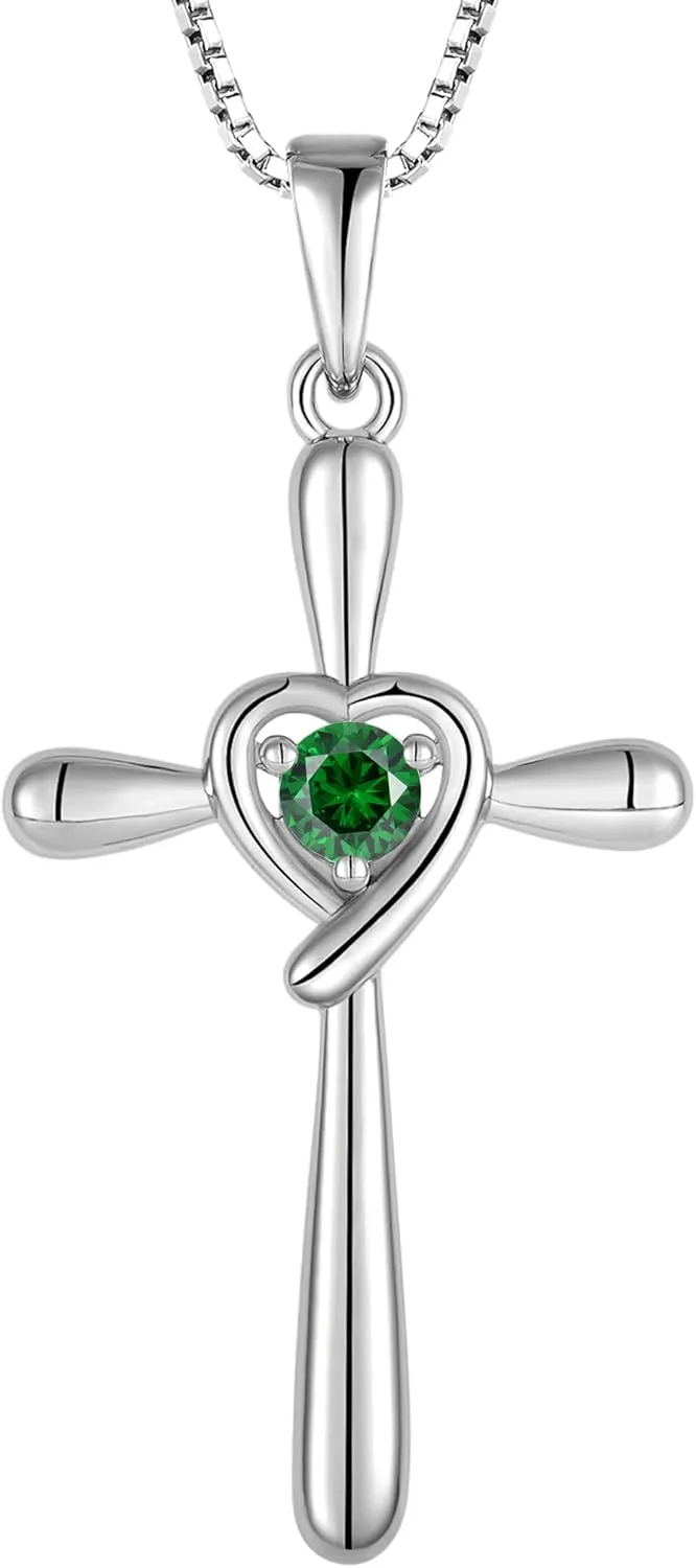 STARCHENIE Heart Cross Necklace for Women 925 Sterling Silver Crucifix Pendant Birthstone Jewelry