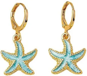 Starfish Enamel Dangle Hoop Earrings for Women, Trendy Gold Plated Sea Star Dripping Oil Drop Huggie Earrings Boho Hawaii Beach Ear Jewelry Gift