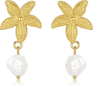 Starfish Shell Earrings Pearl Drop Dangle Gold Chunky Beach Earrings Summer Ocean Jewelry Gift for Women