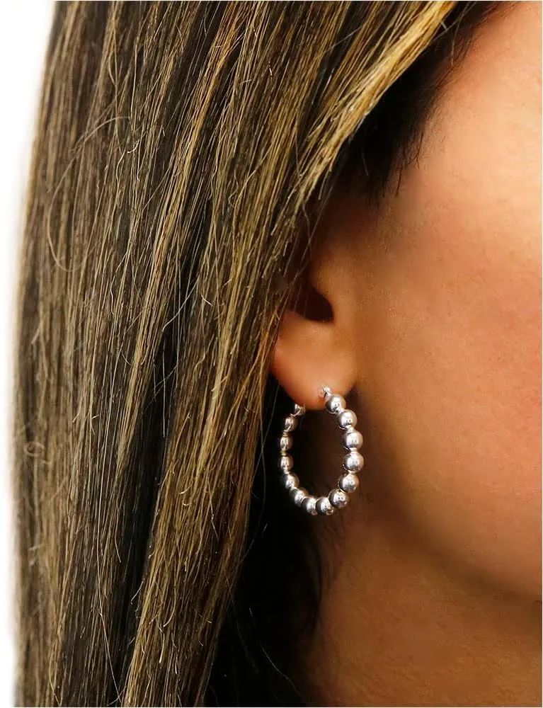 Sterling Silver Bead Ball Hoop Earrings - Beaded Hoop Earrings For Women
