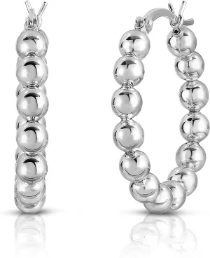 Sterling Silver Bead Ball Hoop Earrings - Beaded Hoop Earrings For Women