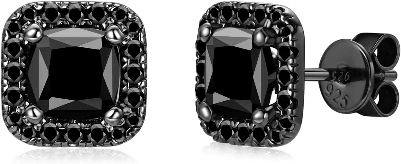 Sterling Silver Black Earrings for Men Women, Round/Princess Cut Genuine Black Onyx Stud Earrings for Men Hypoallergenic Fine Jewelry Gifts for Birthday Christmas