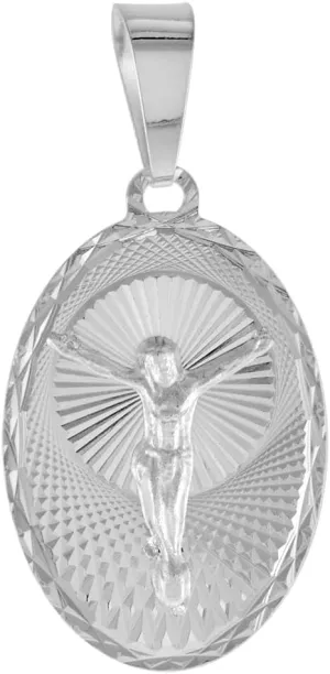 Sterling Silver Body of Jesus Medal Pendant for Men and Women Sparkling Diamond cut Aureola Background Oval 3/4 inch tall